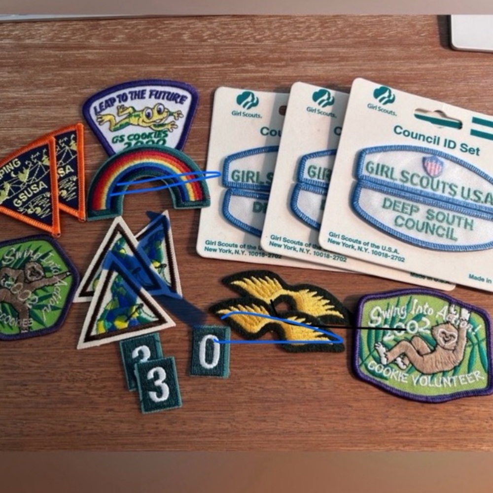 Bundle of Girl Scout patches badges numbers wings cookies READ what’s left